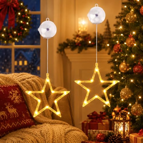 Liyade Iluminación navideña, 2 unidades de iluminación navideña con 10 LED en forma de estrella, decoración LED con estrellas para ventanas, estrella de color blanco cálido para interiores
