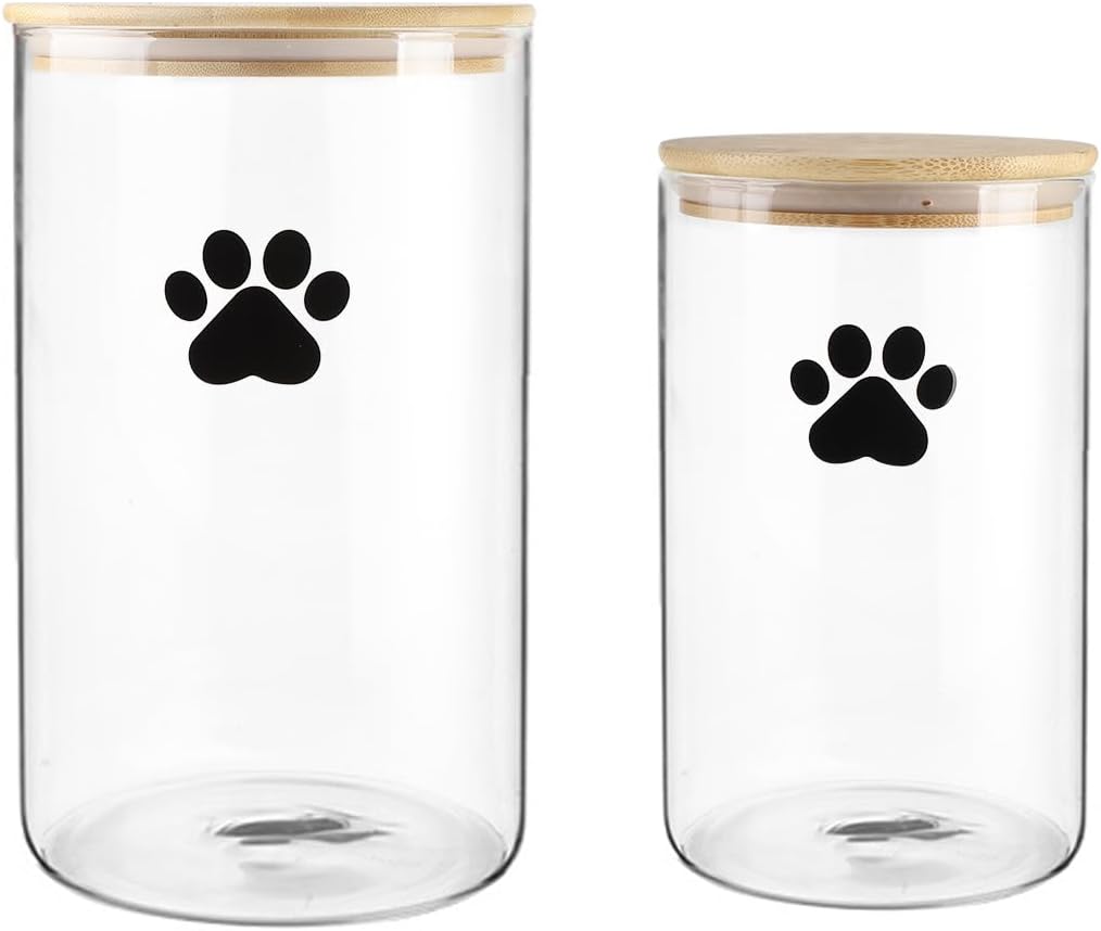Large Square Dog Treat Jars set of 2,135oz+68oz Glass Dog Cat Food Container with Bamboo Lids,Cat Treat Container,Dog Cookie Jar-Hold total 5~6 lbs of Pet Food-Airtight and Keep Fresh
