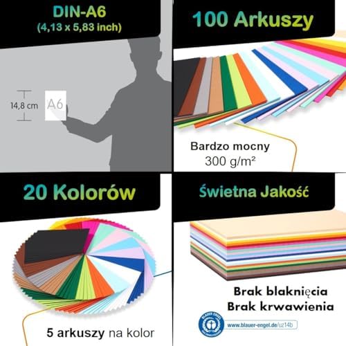 perfect ideaz  100 arkuszy kartonu fotograficznego DIN-A6, 20 kolorów, 300 g/m², Made in Germany