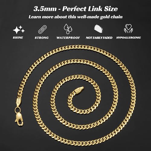 Italian Solid 14k Gold Over 925 Sterling Silver Chain Necklace for Men Women, 3.5mm, 4mm, 5mm Mens Necklace Chain, World's Top Craftsmanship Cuban Link Chain, Mens Chain 16 18 20 22 24 26 Inch3