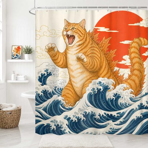 Image of Funny Shower Curtain, Vintage Japanese Cat Art Anime Sunset Wave Shower Curtains for Bathroom, Animal Cat Japan Fabric Bathroom Decor, with Hooks 72x72 Inch