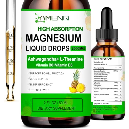 AMENQ hHEALTH Liquid Magnesium Supplement, Organic 5-in-1 Magnesium Complex Drops 丨 Glycinate, Taurate, Oxide, Malate, Citrate w/L-Theanine, Ashwagandha for Cortisol, Sleep*, Stress, Muscle,