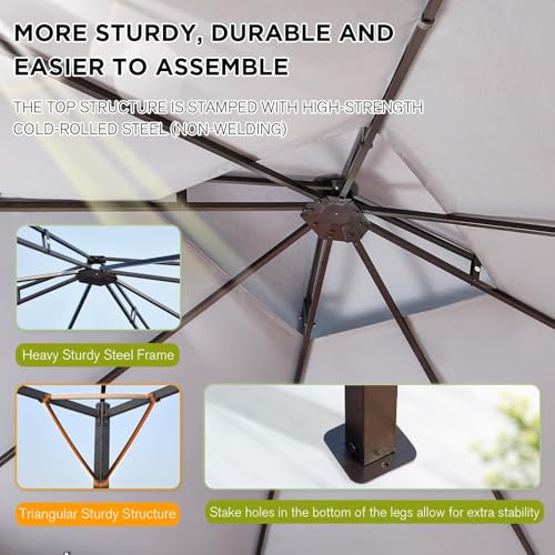 10x12 Gazebo with Mosquito Netting,Sturdy Metal Outdoor Patio Gazebo[Heavy Duty Frame],Gazebos Canopy Tent with Dual Air Roof,Patio Canopy Gazebos,Wind Resistant/Waterproof for Deck - Thumbnail 6