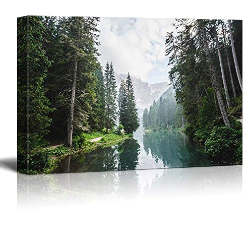 wall26 Canvas Print Wall Art Fall Green Forest with Lake Reflection Nature Wilderness Photography Modern Art Rustic Scenic Colorful Multicolor for Living Room, Bedroom, Office - 32"x48"
