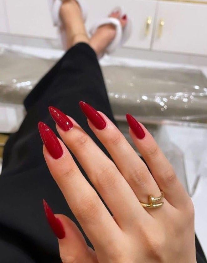 Set Of 14Pc, Press on Nails For Women, Glossy Red Long Almond Shaped, Beautiful Artificial Nail Extensions With Free Glue Kit-image-42