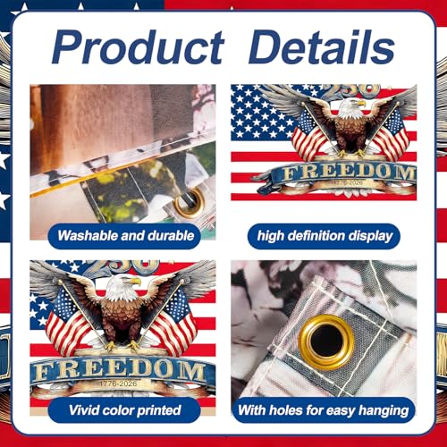 Image of 16x7 ft American 250th Anniversary Eagle Garage Door Banner - Patriotic Bald Eagle with inchFreedom inch & 250 Over Stars and Stripes Backdrop, Hanging Decor for 2026 July 4th & National Celebration, Large Outdoor Wall Sign