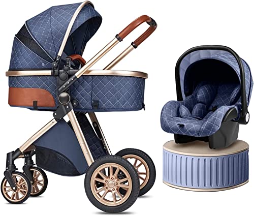 2 in 1 Stroller, Adjustable High View Light Baby Strollers, Baby Deluxe Pram for Boy and Girl, Carriage Pushchair with Strollers Rain Cover, Foot Cover, Mom Bag (Color : Blue)