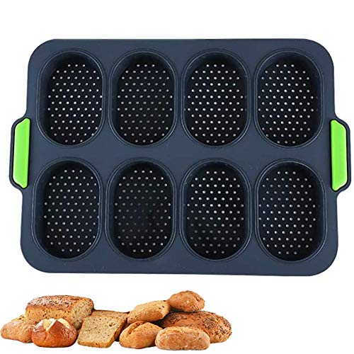 Rann.Bao Mini Molde para Hornear Baguette 8 Rejillas,Utensilios Hornear Pan Antiadherentes,Bandeja Perforada Molde para Hornear Silicona Flexible Bricolaje para Pasteles, Pan Palos,Galletas
