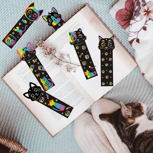 CY2SIDE Kratz-Lesezeichen mit Katze, Tiere, Bastelset für Kinder, DIY-Katze, Regenbogenfarben, Papierkarten, Geburtstagsdekorationen, niedliches Katzenspielzeug, magisches Kunstprojekt, Partyzubehör