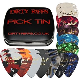 Fender Lot de 24 médiators en celluloïd de calibre moyen 2 de chaque couleur Style 351 dans une boîte pratique - Les Beatles, Paul McCartney, John Lennon, RIngo Starr, George Harrison