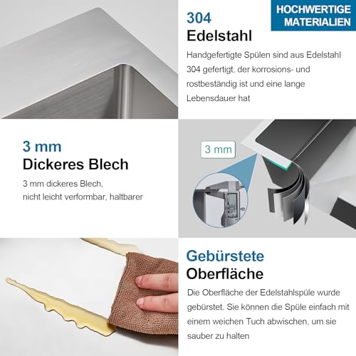 ROVOGO Edelstahl 304 Spülbecken Klein 40 x 34 cm, Einbauspüle mit Ablaufgarnitur inkl. Siebkorbventil und Abtropf-Überlauf, Küchenspüle mit Loch für Armatur, Gebürstet Spüle Küche Rechteckig