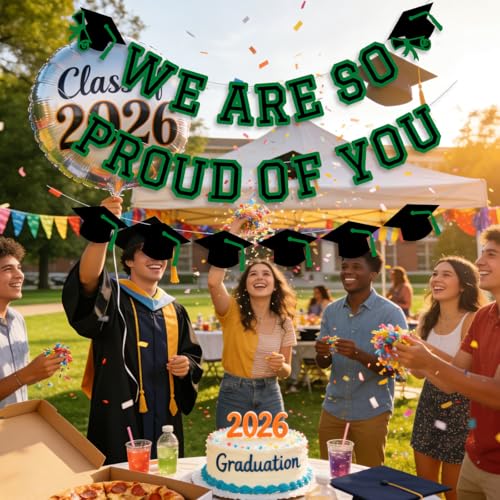 Image of We Are So Proud Of You Banner Graduation Party Decorations Congrats Grad Cap Garlands Wall Sign Green Black
