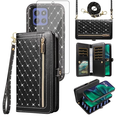 Phone Case for Motorola Moto G Stylus 5G 2025 Zipper Wallet Detachable Magnetic Cell Cover with Screen Protector Crossbody Lanyard Strap Bling Glitter Flip Credit Card Holder Slots Women Black