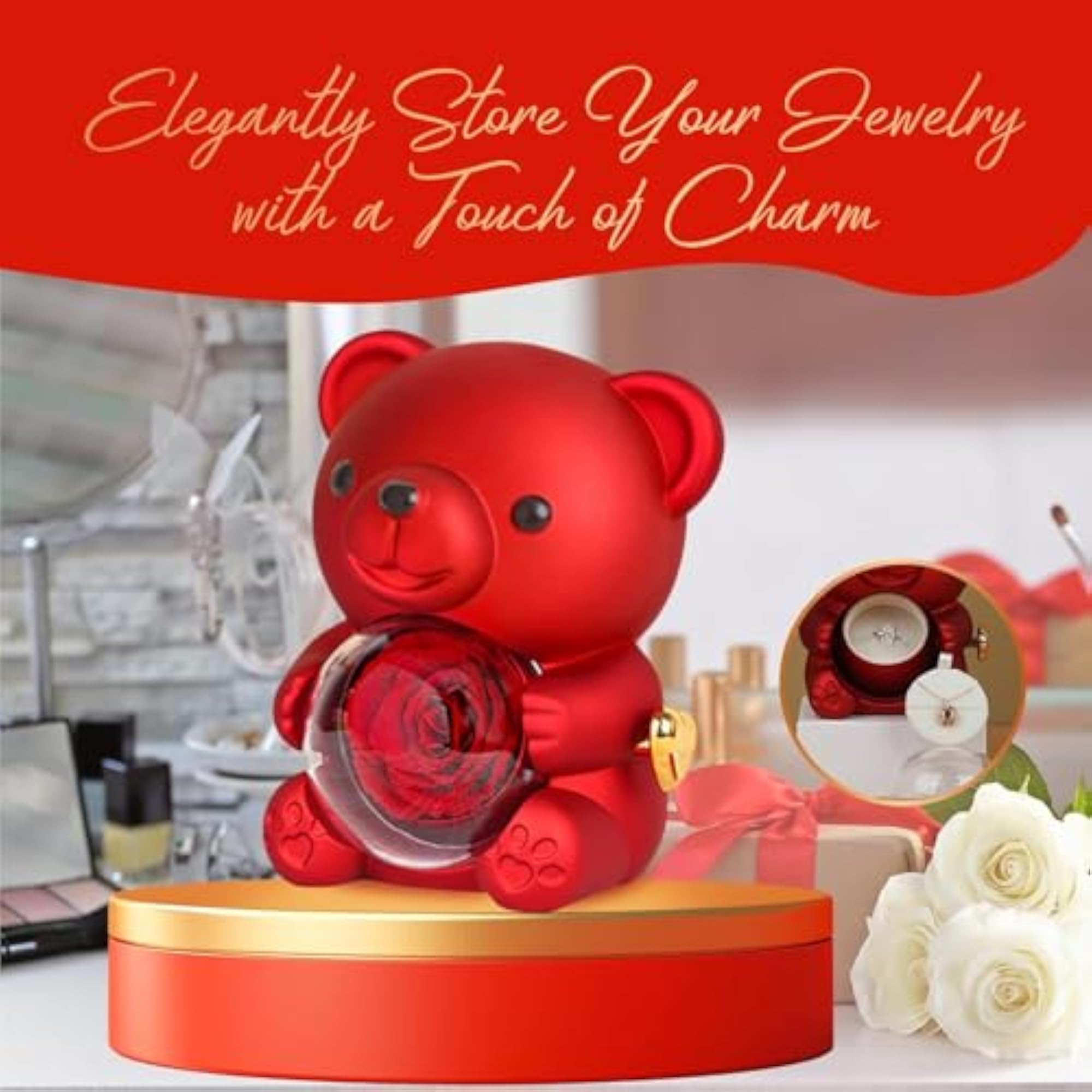 Real Rose Bear Gift Box - Romantic Teddy with Red Rose