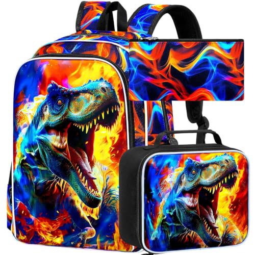 Image of 17 inch Dinosaur Backpack, Boys Kids Bookbag with Lunch Box, 3Pcs Dino School Backpacks for Elementary Preschool Kindergarten (Fire Red)