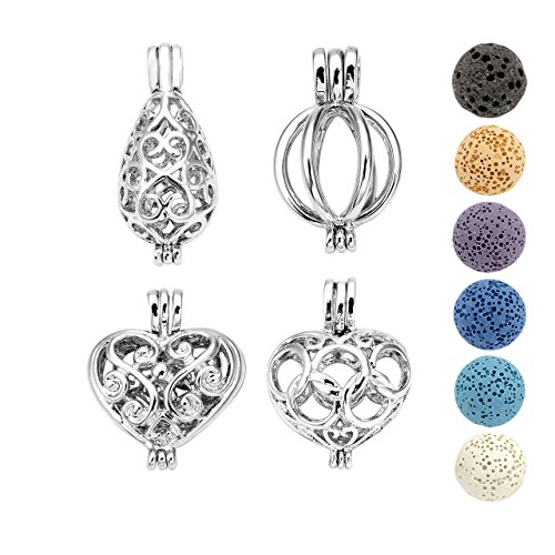 JOVIVI Aromatherapy Essential Oil Diffuser Necklace Tiny Silver Plated Locket Pendant with 6 Dyed Lava Stone Beads