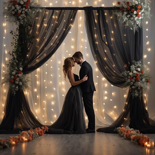 30x8ft Black Tulle Backdrop Curtain with Lights String for Parites, Sheer Backdrop Curtains for Wedding Baby Shower Birthday Party Photo Shoot Decorations