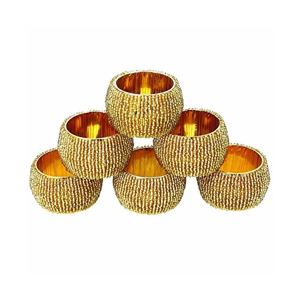 Prisha India Craft ® Beaded Napkin Rings Set of 6 Golden Decorations Christmas Ornaments, Perfect for Dinners, Parties…