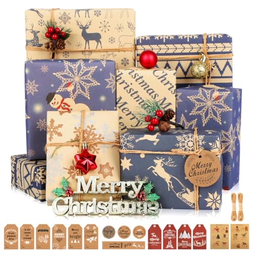 Papel | Joollurm Juego De Papel Festivo: 12 Hojas, 14 Etiquetas De Regalo, 12 Calcomanías, 2 Rollos De Cordel De Estraza Para Regalos De Vacaciones