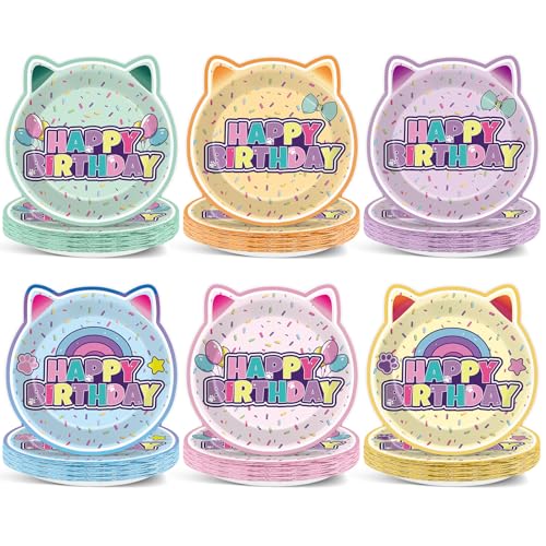 48Pcs Cat House Party Supplies Kitten Shaped Paper Plates Cartoon Cat Theme Birthday Tableware Decorations Cute House Dessert Plates for Kids Birthday Baby Shower Disposable Parties Favors