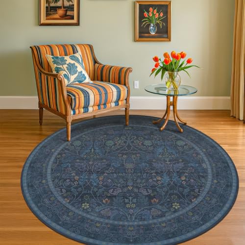 Washable 6ft Round Living Room Rug, Thin Circle Rug for Dining Room Under Table Non Slip, Floral Carpet Boho Décor Bedroom (Dark Blue) 6' (Round) Dark Blue