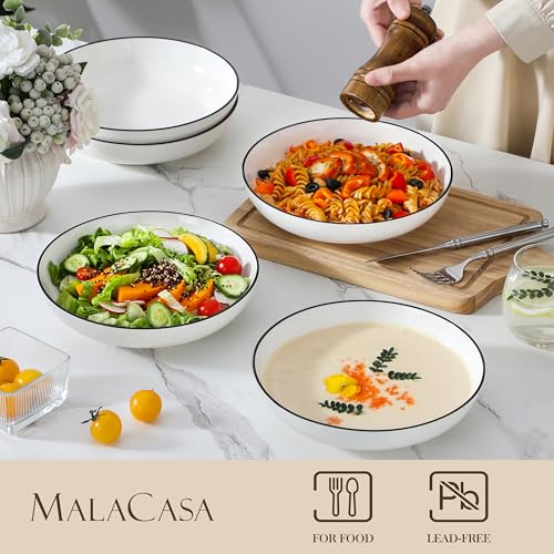 Image of MALACASA 8.85 inch Large Pasta Bowls, 42 OZ White Salad Bowls Soup Bowls, Porcelain Serving Bowls Set of 6, Ivory White with Black Rim, Microwave & Dishwasher Safe, Series REGULAR