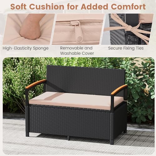 Image of Tangkula 46 Gallon PE Rattan Outdoor Bench with Storage & Cushions