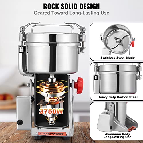 Vevor 2500G Electric Grain Mill Grinder, High Speed 3750W Commercial Spice Grinders, Stainless Steel Pulverizer Powder Machine, For Dry Herbs Grains Spices Cereals Coffee Corn Pepper, Swing Type #TOP2