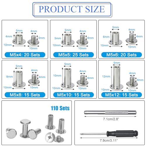 110 Set Silber Schraubnieten für Leder Set, M5 X 4/5/6/8/10/12mm, Chicago Schrauben, Gürtelschrauben Mit Montagewerkzeug, Schraubnieten Geeignet für DIY-Bücher, Scrapbooking, Leder, Kleidung Binden