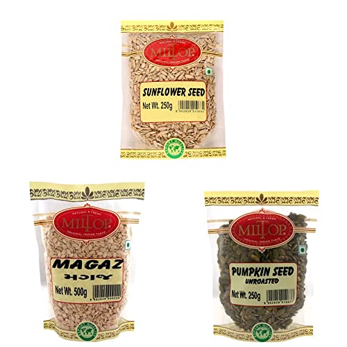 Image of Miltop Raw Sunflower Seeds for Eating, 250g & Miltop Premium Raw Unsalted Pumpkin Seed for Eating, 250g & Miltop Magaz-Watermelon Seed, 500g