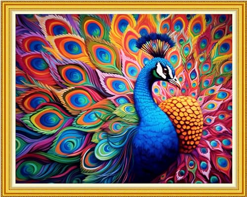 Image of Funxvoot Stamped Cross Stitch Kits Beginners Full Range of Embroidery Kits for Adults 11CT Embroidery Patterns Needlepoint Kits Printed Cross Stitch Kits-Colorful Peacock 16x20 inch