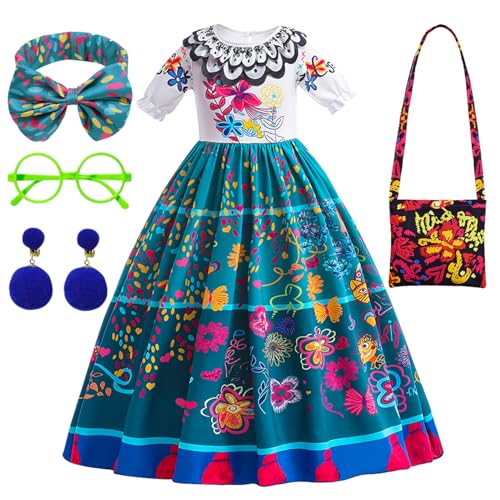 Disfraz Mirabel Encanto Disney para niña 7 YYDSXK Disfraz de Vestido, Princesa de Niña, Disfraz Vestido con Bolso Hombro el pelo y Aretes para Niños de 2 a 11 Años Halloween Cumpleaños Carnaval Cosplay (110cm)