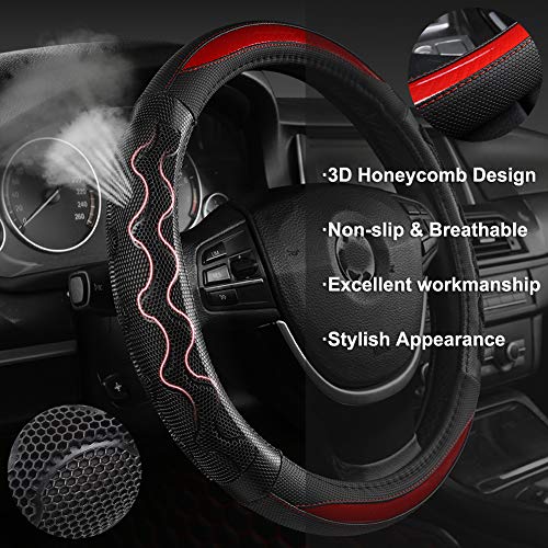 Black Panther Luxury Leather Car Steering Wheel Cover With 3D Honeycomb Hole Anti-Slip Design, 15 Inch Universal - Orange #TOP2
