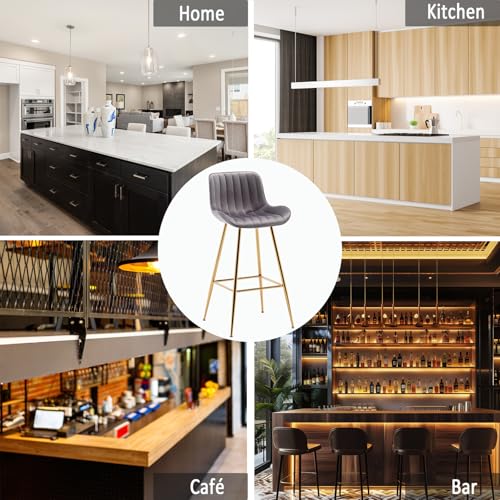 Image of Sidanli Gold Bar Stools Set of 2, 29 inch Velvet Barstools, Kitchen Chairs for Bar Height with Back and Footrest, Gray