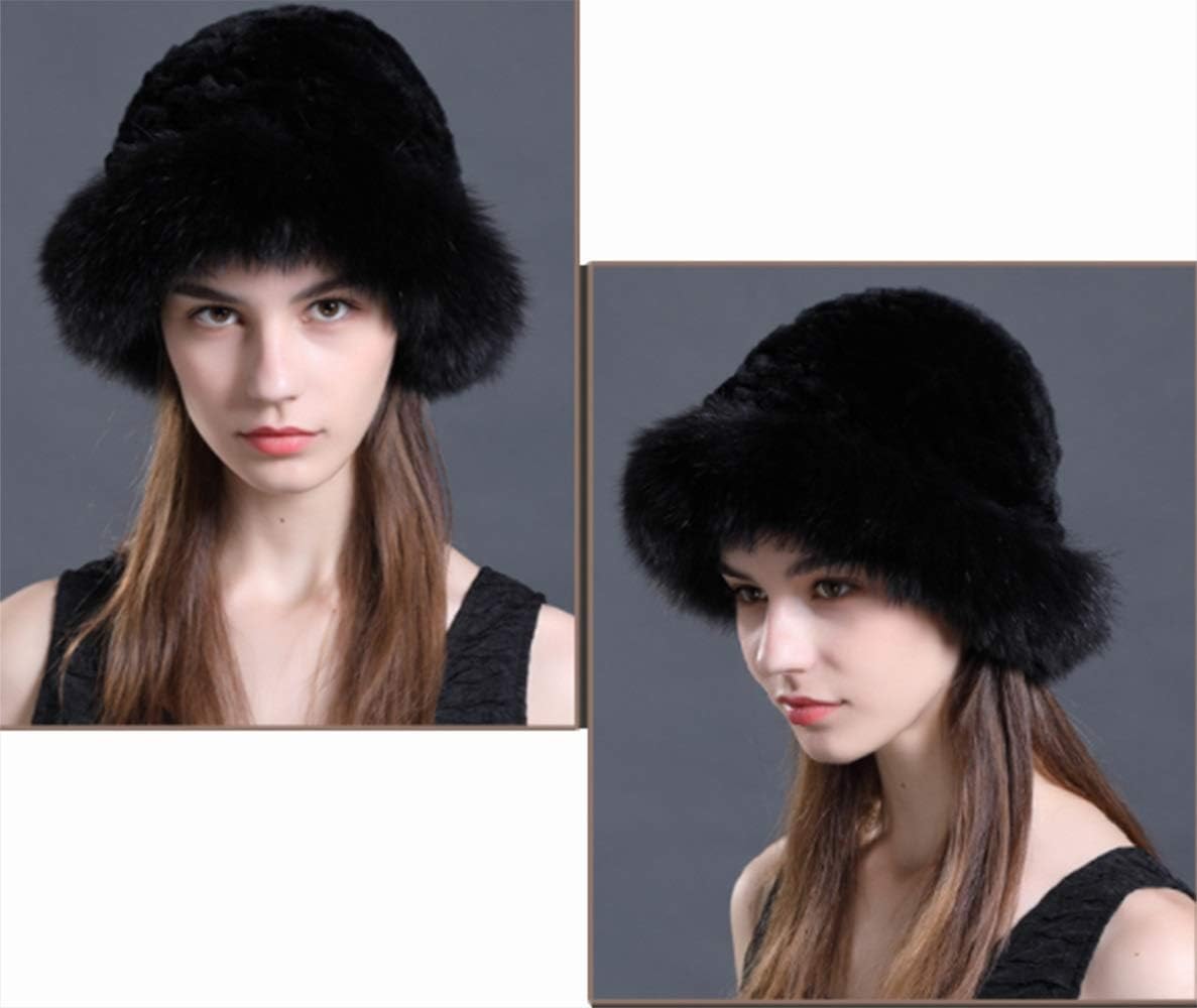 Real Rex Rabbit Hair Bucker Hat Real Fox Hair Brim Women Knit Hats Winter Warm Outdoor
