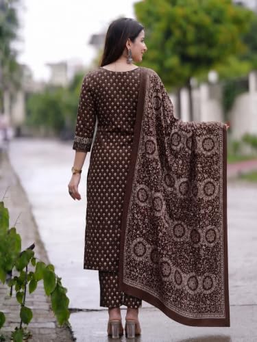 Image of GoSriKi Viscose Printed Kurta With Pant And Dupatta for Women | Straight Kurti Set for Woman | 3 /4 Sleeve V-Neck Stylish Kurta Pant Dupatta Ethnic Outfit Party Wedding