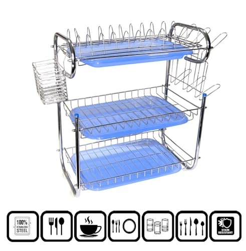 Image of AMOL Premium Stainless Steel 3-Tier Kitchen Rack - Wall /Countertop Dish Drainer with Utensil & Glass Holders, 3 Draining Trays - Rustproof Organizer