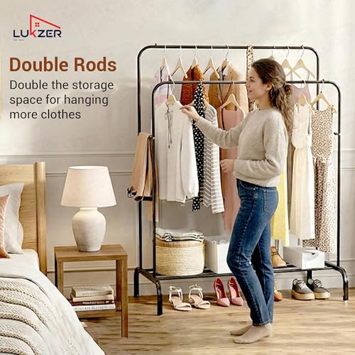 Image of Lukzer 1PC Metal Garment Rack Multipurpose Clothes Rack with Bottom Shelf /Coat Jacket Hanger for Home Bedroom Storage Organizer Unique Display Stand (Black / 148 x 110 x 55 cm, MGS-002)
