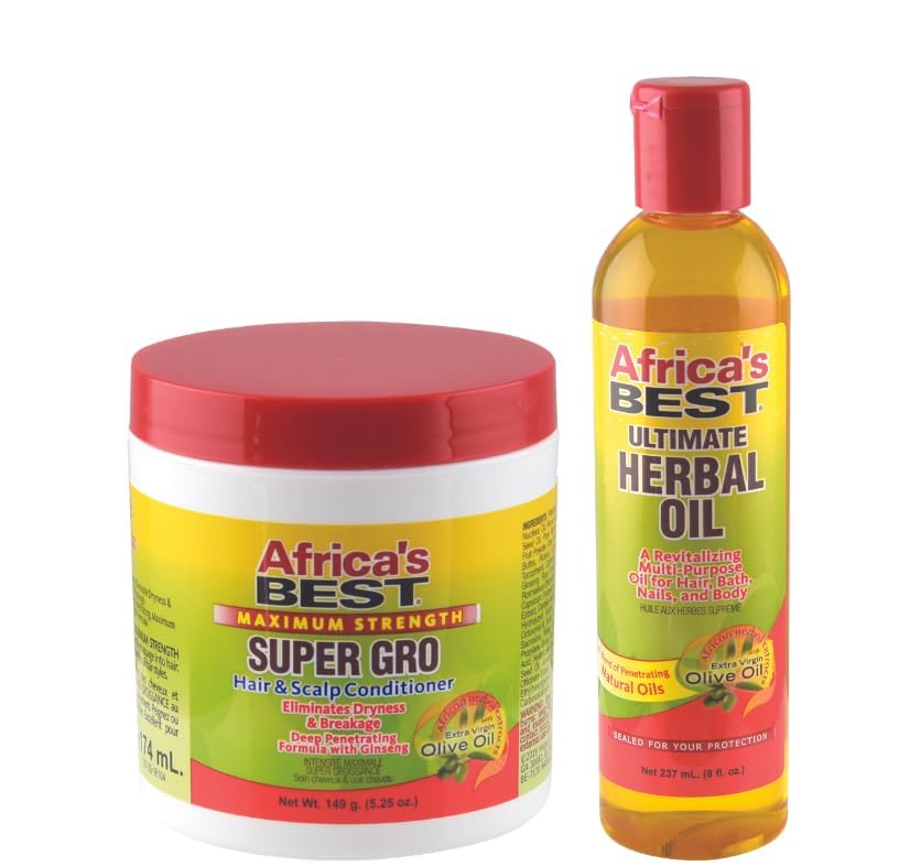 Africa's Best Besties Best Sellers Bundle – Includes Maximum Strength Super Gro Hair & Scalp Conditioner (5.25 oz) | Herbal Oil (12 oz)