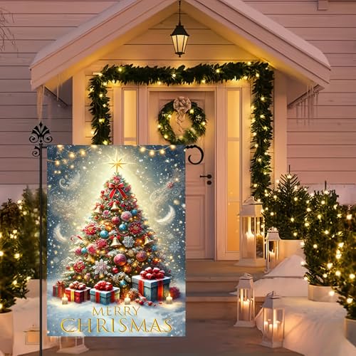 Image of BlissYard Christmas Christmas Tree Garden Flag 12x18 Inch Polyester | Double sided polyester, Christmas decorated tree front porch design, winter home decor for holiday porch and yard