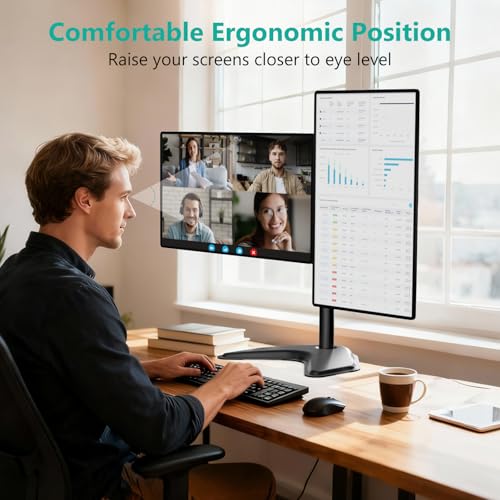 Image of WALI Free Standing Dual Monitor Stand up to 27 Inch, MF002, Black | Monitor Arm for 2 Monitors up to 10 kg Each, Adjustable with Swivel Tilt Rotation, Ergonomic, Space Saving, VESA 75 /100mm