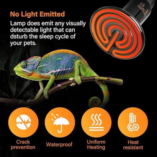 Image of VAYINATO Reptile Ceramic Heat Emitter Lamp | No-Light Heating Bulb for Lizards, Snakes, Tortoises | Long-Lasting Heat Source for Terrariums & Vivariums | Silent & Safe (Black) (50W)