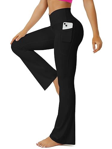 FOHOFO Yoga Pants Women, Flare Leggings for Women with Pockets Crossover High Waisted Bootcut Yoga Pants - Black - Small