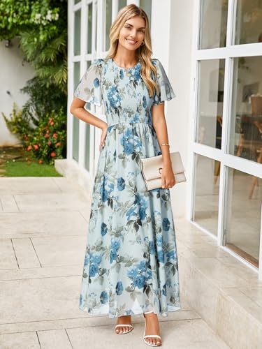 Image of Simplee Womens Casual Floral Summer Maxi Dress 2026 Boho Flowy Short Sleeve Crew Neck Vacation Smocked Chiffon Dresses