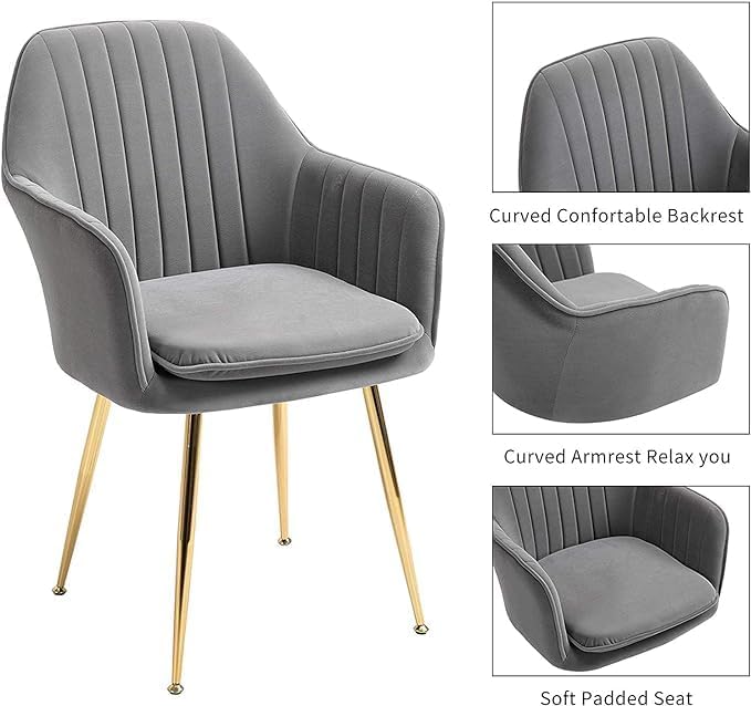 Image of Grey Velvet Chair for Home | Modern Accent Armchair in Soft Velvet Fabric with Golden Legs | Set of 2 Premium Accent Chair for Living Room Bedroom Restaurent | Grey, 2 pc