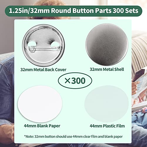 Mostme 300 Sets (1200 Pcs Total) 1.25 inch Button Maker Supplies, 32mm Button Supplies Parts for Buttons Maker Machine, Buttons Making Supplies Includes Metal Pin Back&Shells, Blank Paper&Clear Film by Mostme - Used condition - Image 2