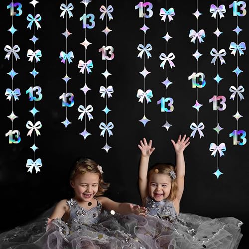 Image of Iridescent 13th Bow Birthday Decorations Glitter Conquette Bow Garland Streamer Banner Backdrop for Girls Boys Happy 13th Birthday Official Teenager Cheers to 13 Years Old Anniversary Party Supplies