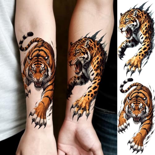 Image of Bilizar 12 Sheets Creative Animals Temporary Tattoos For Men Women Adults Lion Tiger Panther Tattoo Sticker, Realistic Wolf Dragon Spider Fake Tattoos Forearm Half Arm Sleeve Tatoos Waterproof Durable