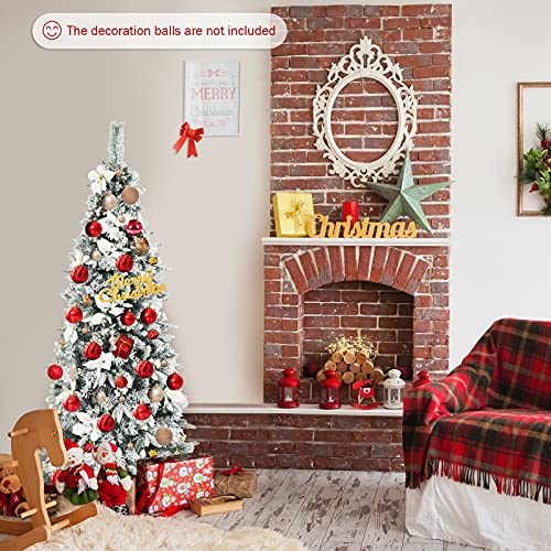 HappyGrill 6FT Skinny Pencil Christmas Tree with White Berries & Flowers, Hinged Artificial Tree with Metal Stand for Indoor/Outdoor