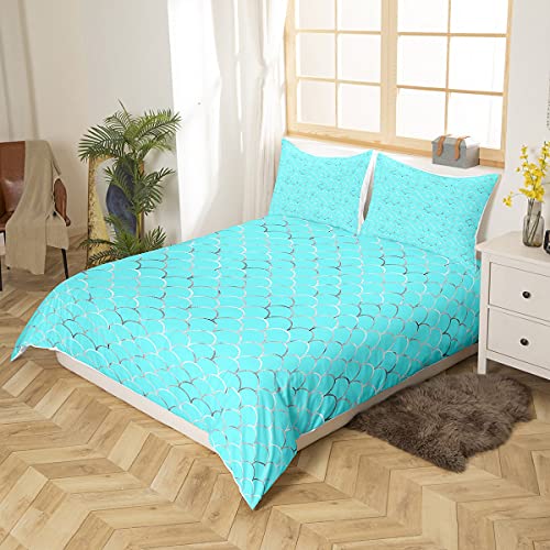 Mermaid Scale Duvet Cover Set Summer Gold Fish Scale Bedding Set Luxury Boys Girls Women Decor Metallic Print Mermaid Scale Scallop Polka Dots Ultrasoft Microfiber Comforter Cover, Queen Size, Aqua #TOP1